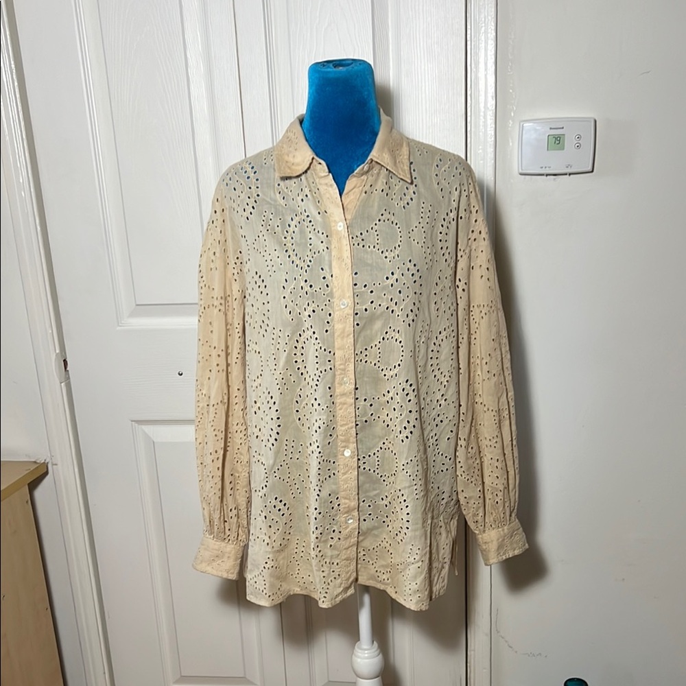 Nili Lotan Beige Eyelet Button-Up Blouse